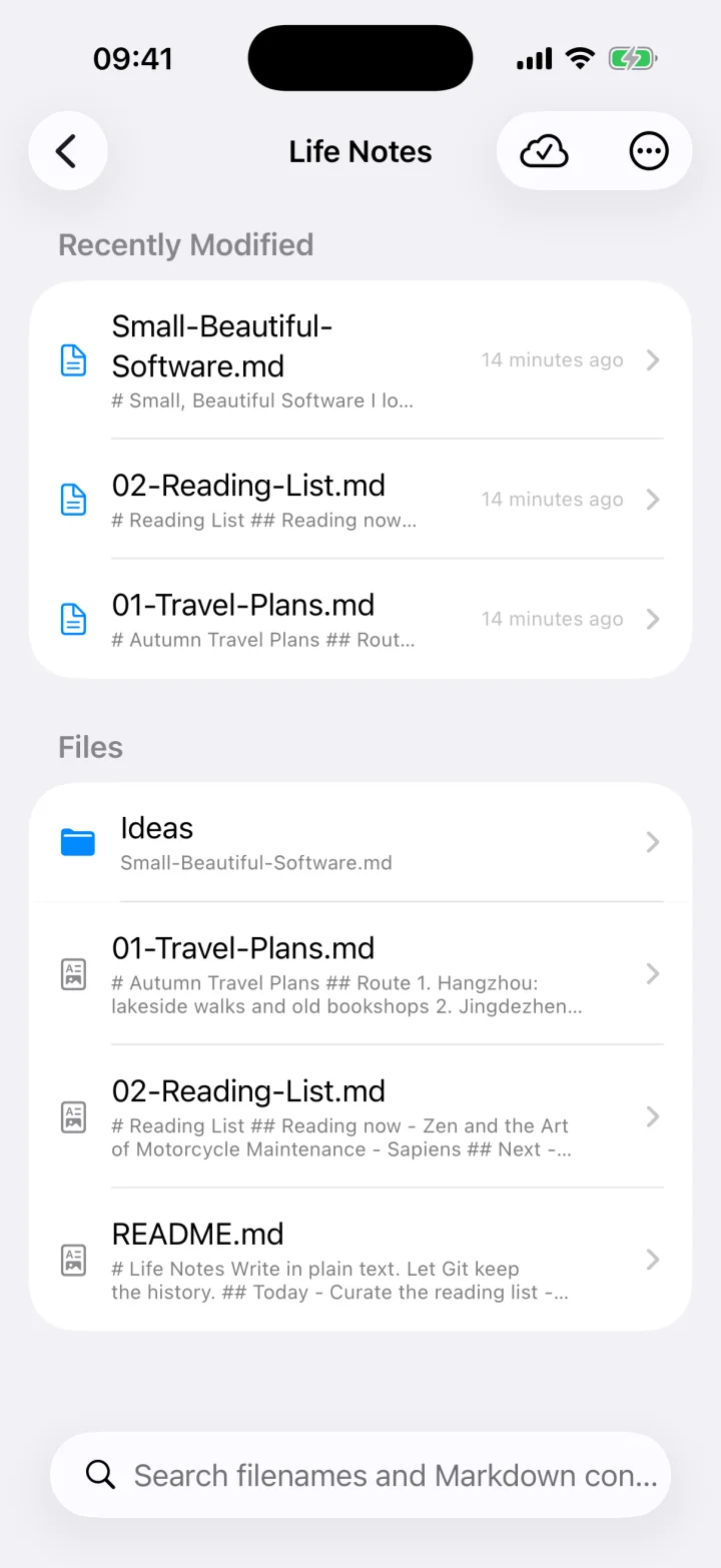 A list of notes and folders in Git Notebook