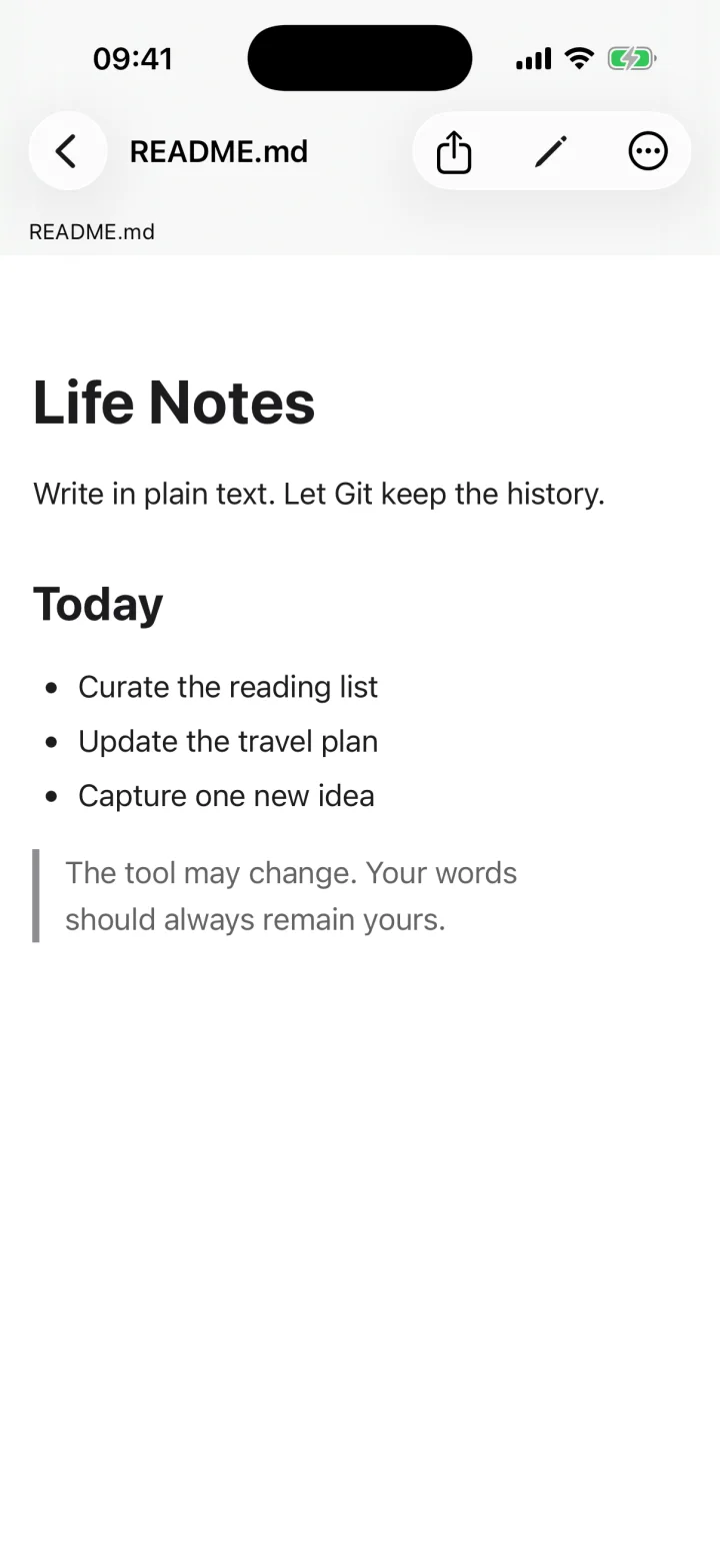A Markdown note open in Git Notebook